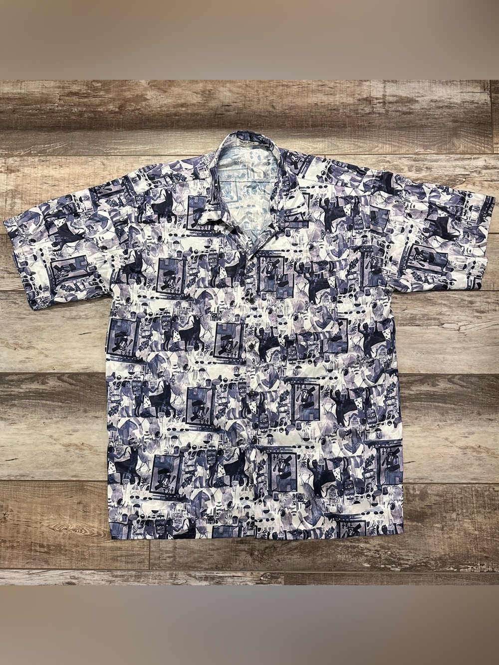 Thai Silk By Apple Men's Short-Sleeve Button-Down Shirt in Blue and White Print